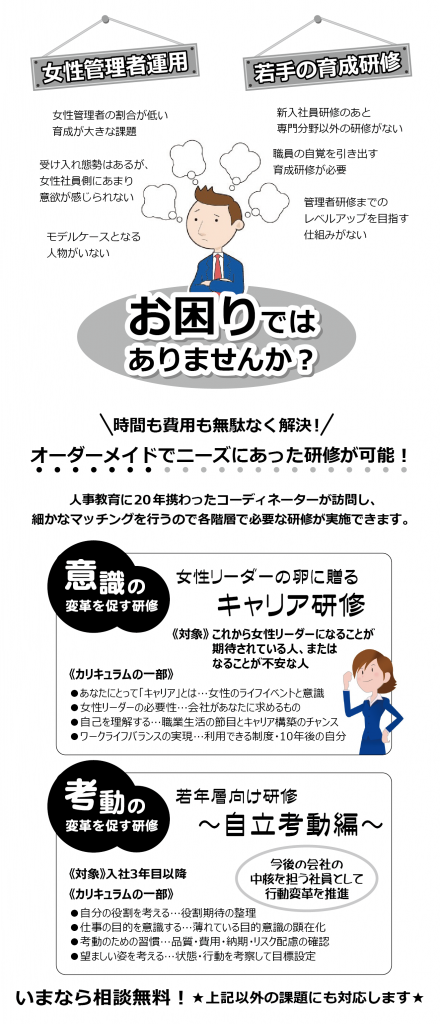 お困りではありませんか？「女性管理者運用」「若手の育成研修」